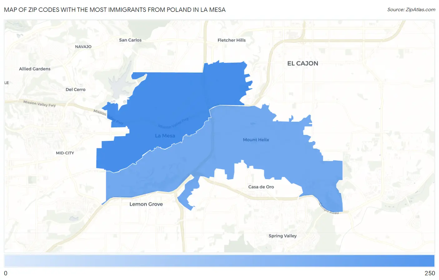 Zip Codes with the Most Immigrants from Poland in La Mesa Map