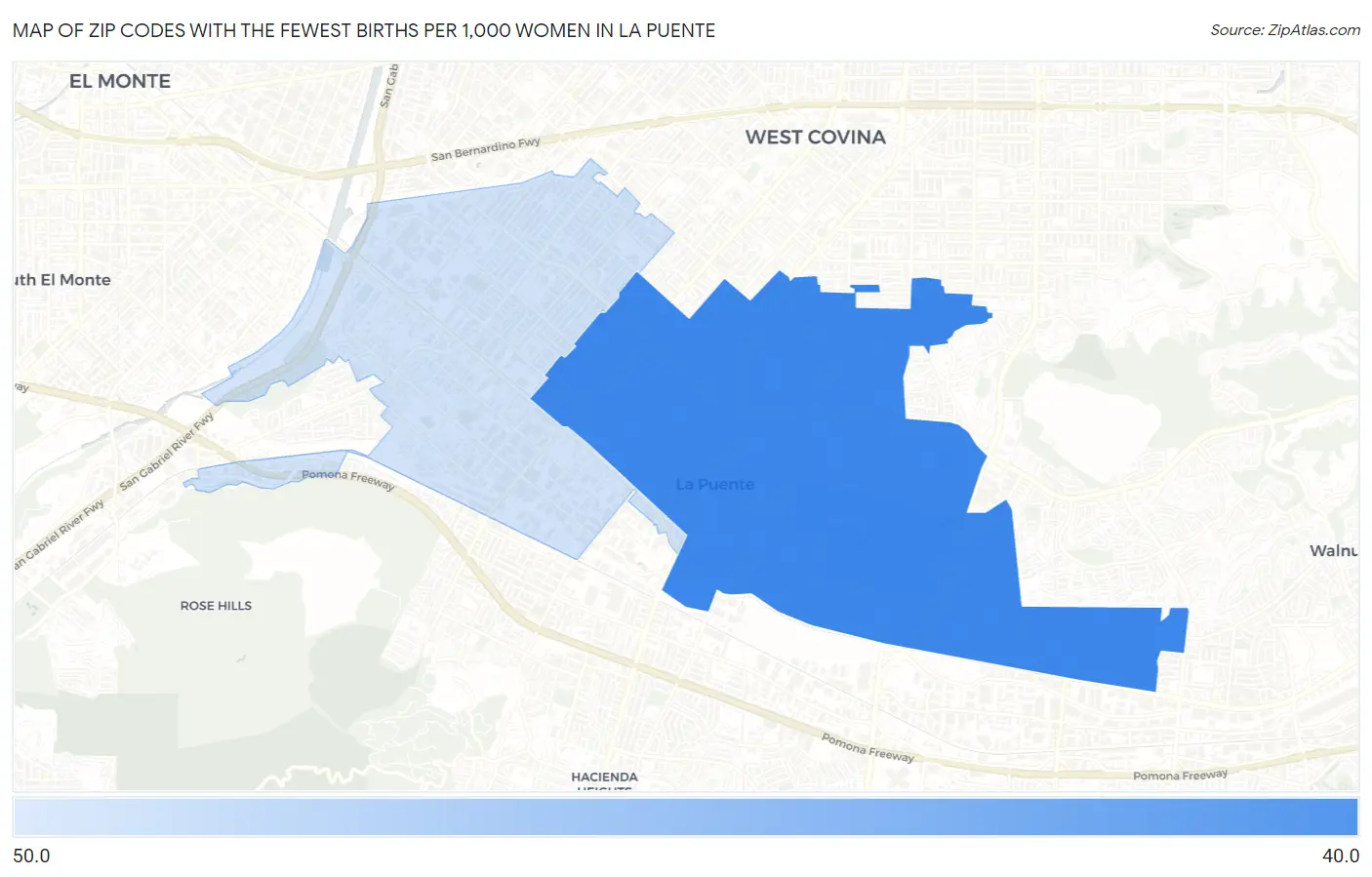 Zip Codes with the Fewest Births per 1,000 Women in La Puente Map