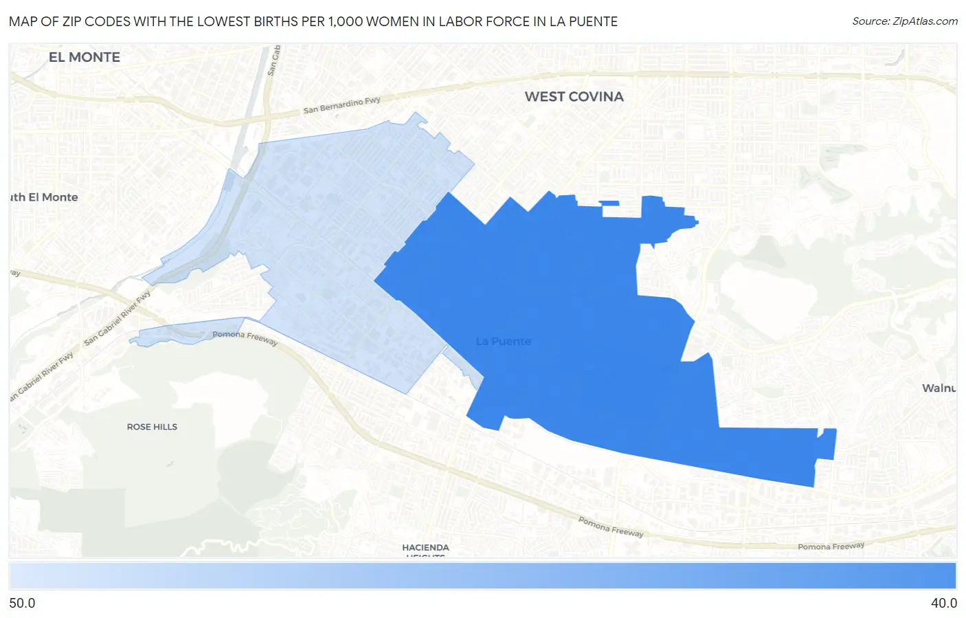 Zip Codes with the Lowest Births per 1,000 Women in Labor Force in La Puente Map