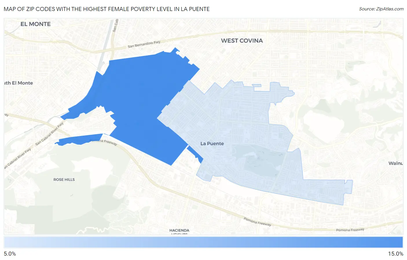 Zip Codes with the Highest Female Poverty Level in La Puente Map
