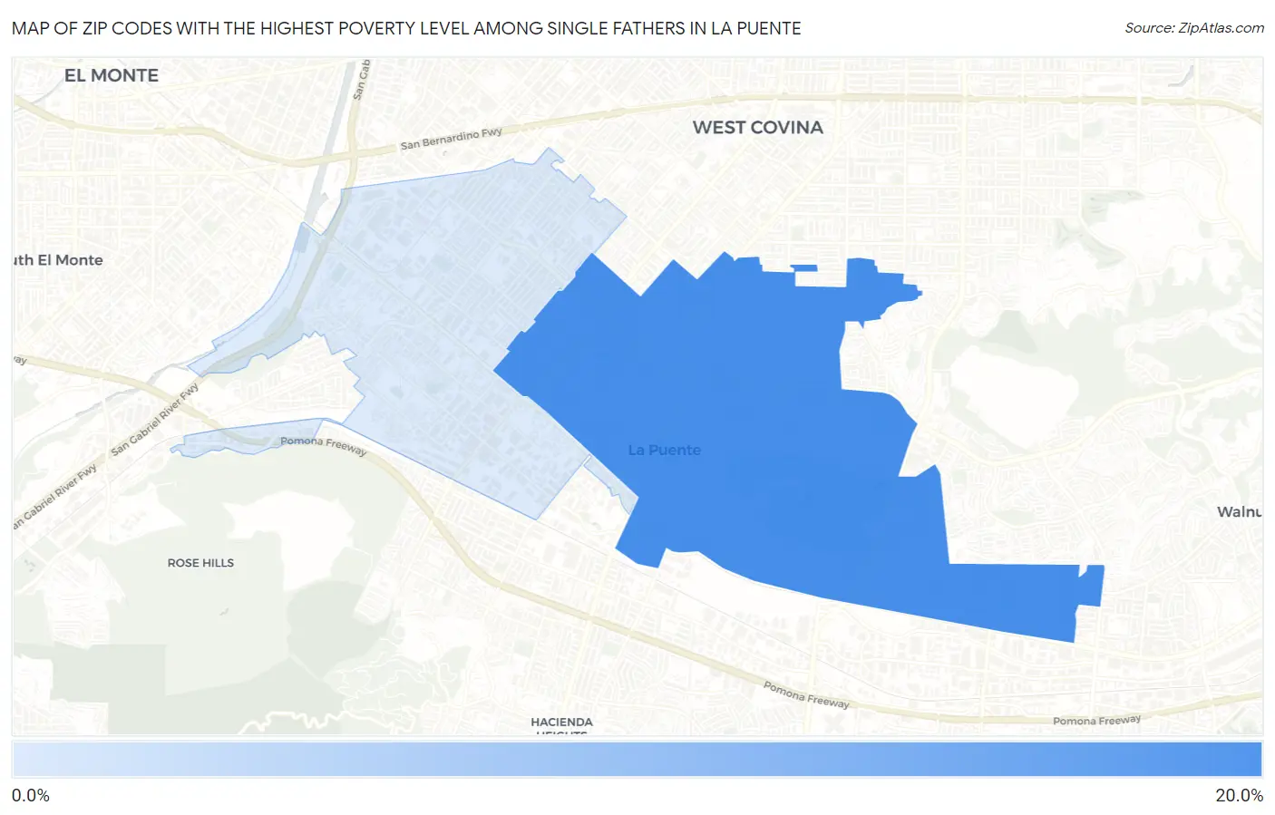 Zip Codes with the Highest Poverty Level Among Single Fathers in La Puente Map