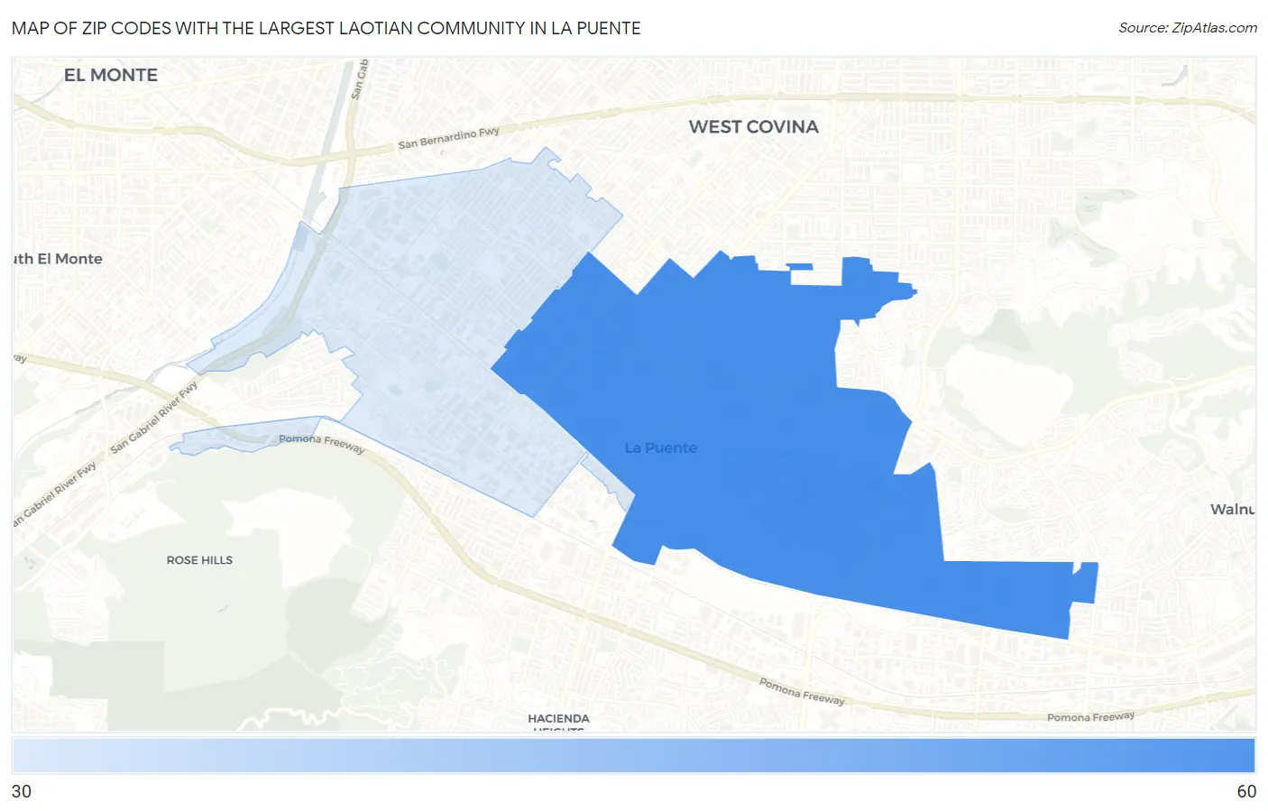Zip Codes with the Largest Laotian Community in La Puente Map