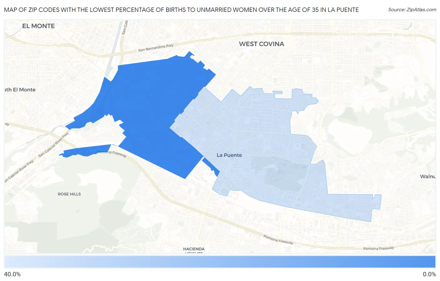 Zip Codes with the Lowest Percentage of Births to Unmarried Women over the Age of 35 in La Puente Map
