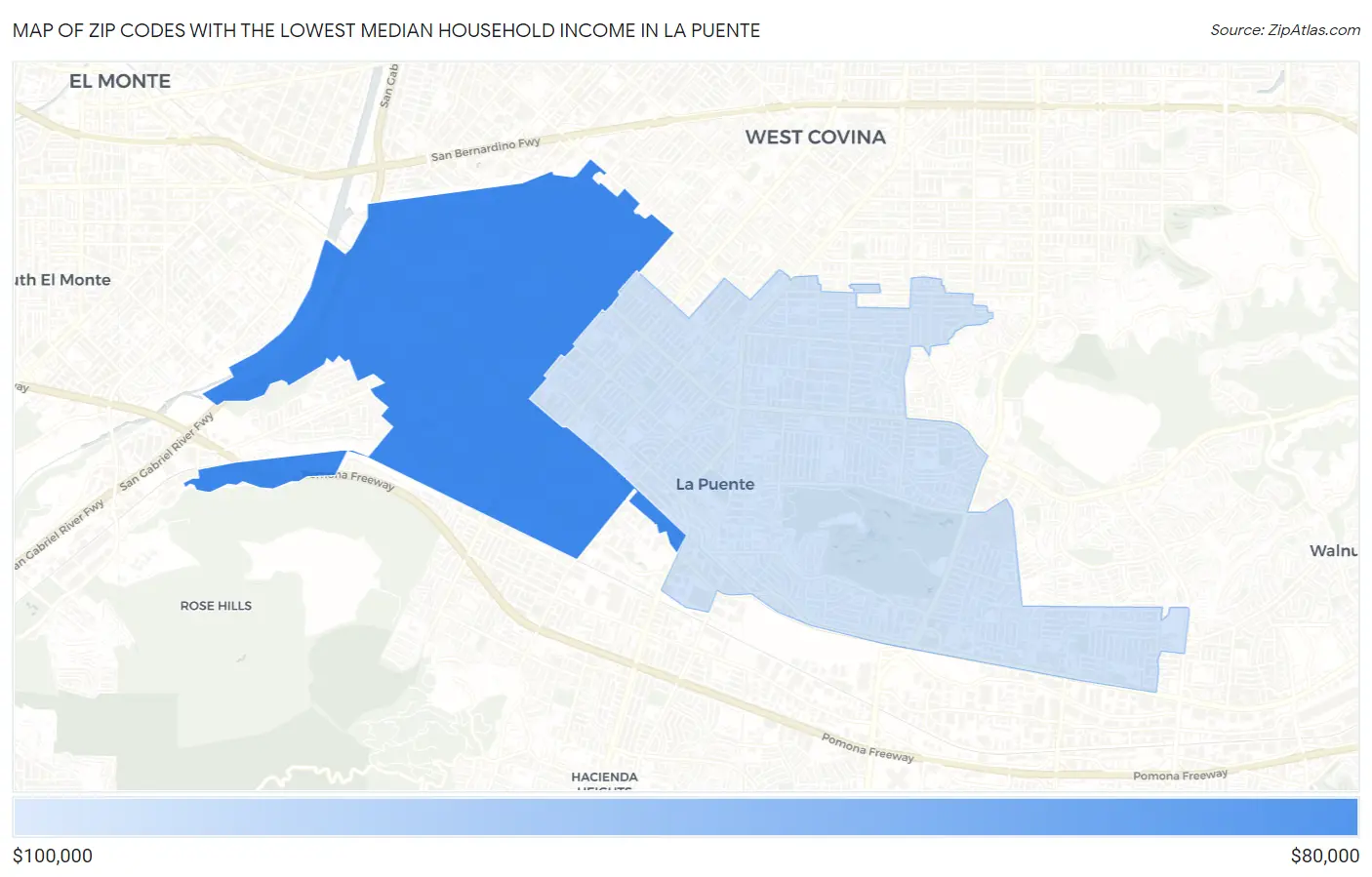 Zip Codes with the Lowest Median Household Income in La Puente Map