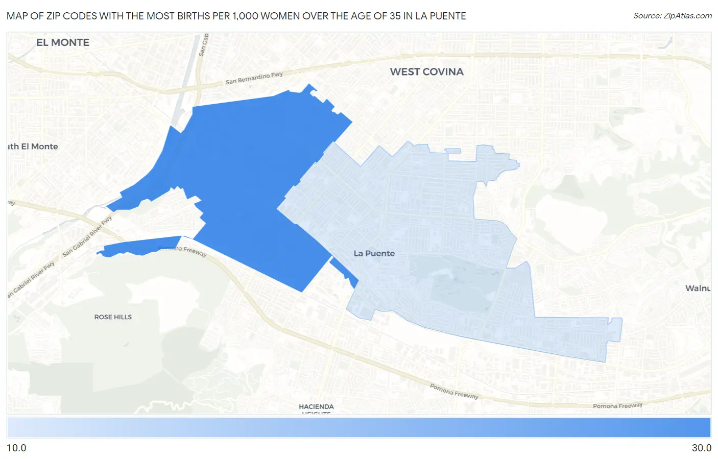 Zip Codes with the Most Births per 1,000 Women Over the Age of 35 in La Puente Map