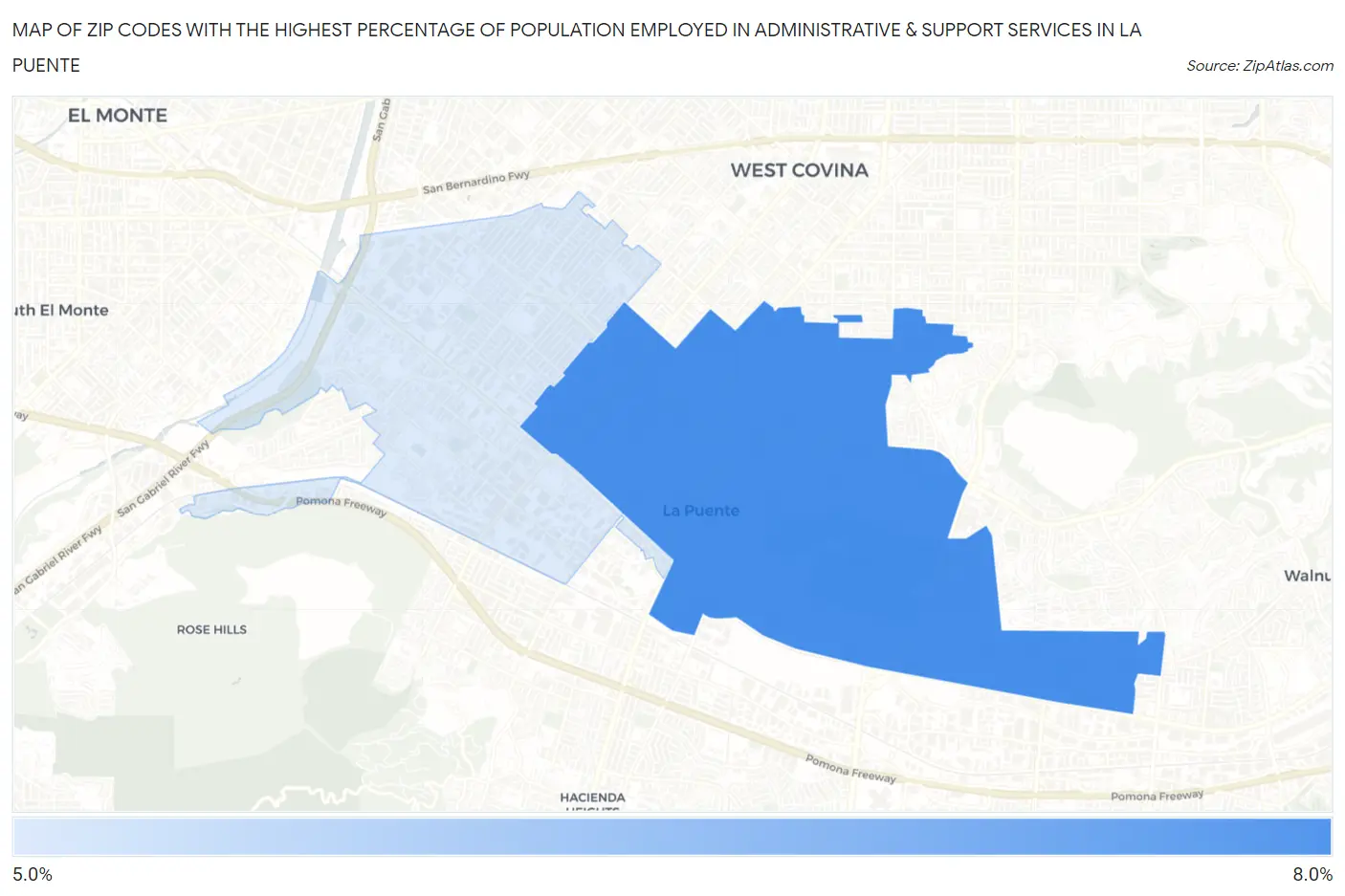 Zip Codes with the Highest Percentage of Population Employed in Administrative & Support Services in La Puente Map