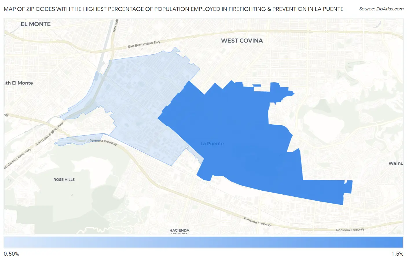 Zip Codes with the Highest Percentage of Population Employed in Firefighting & Prevention in La Puente Map