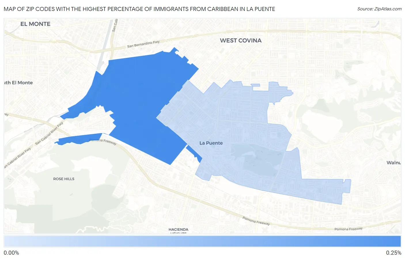 Zip Codes with the Highest Percentage of Immigrants from Caribbean in La Puente Map