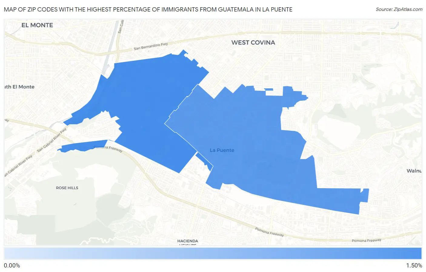 Zip Codes with the Highest Percentage of Immigrants from Guatemala in La Puente Map