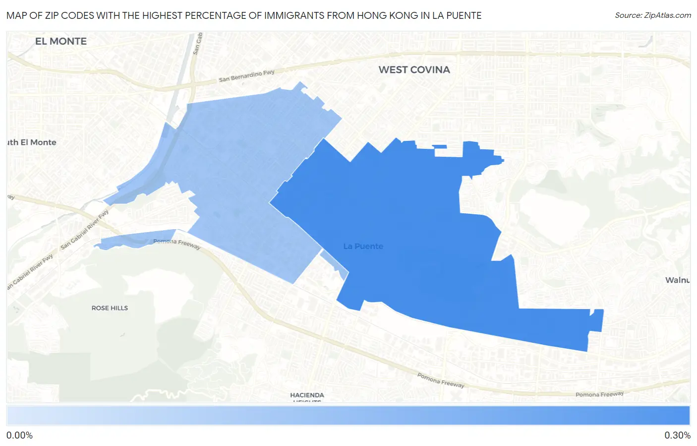 Zip Codes with the Highest Percentage of Immigrants from Hong Kong in La Puente Map