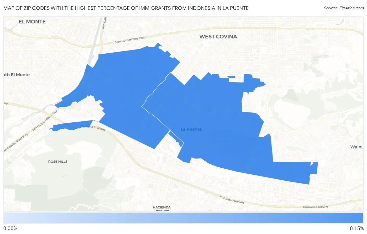 Zip Codes with the Highest Percentage of Immigrants from Indonesia in La Puente Map
