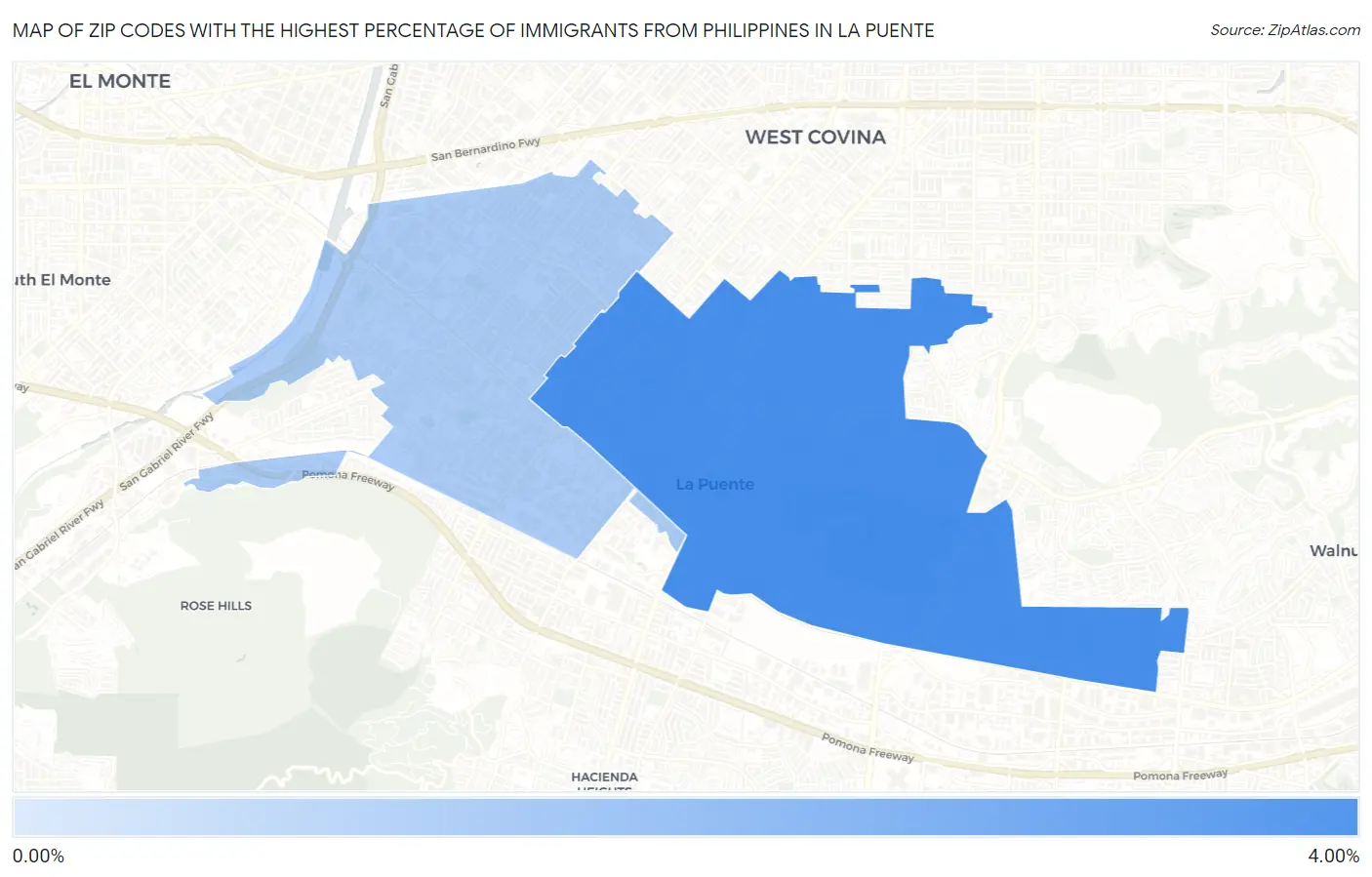 Zip Codes with the Highest Percentage of Immigrants from Philippines in La Puente Map
