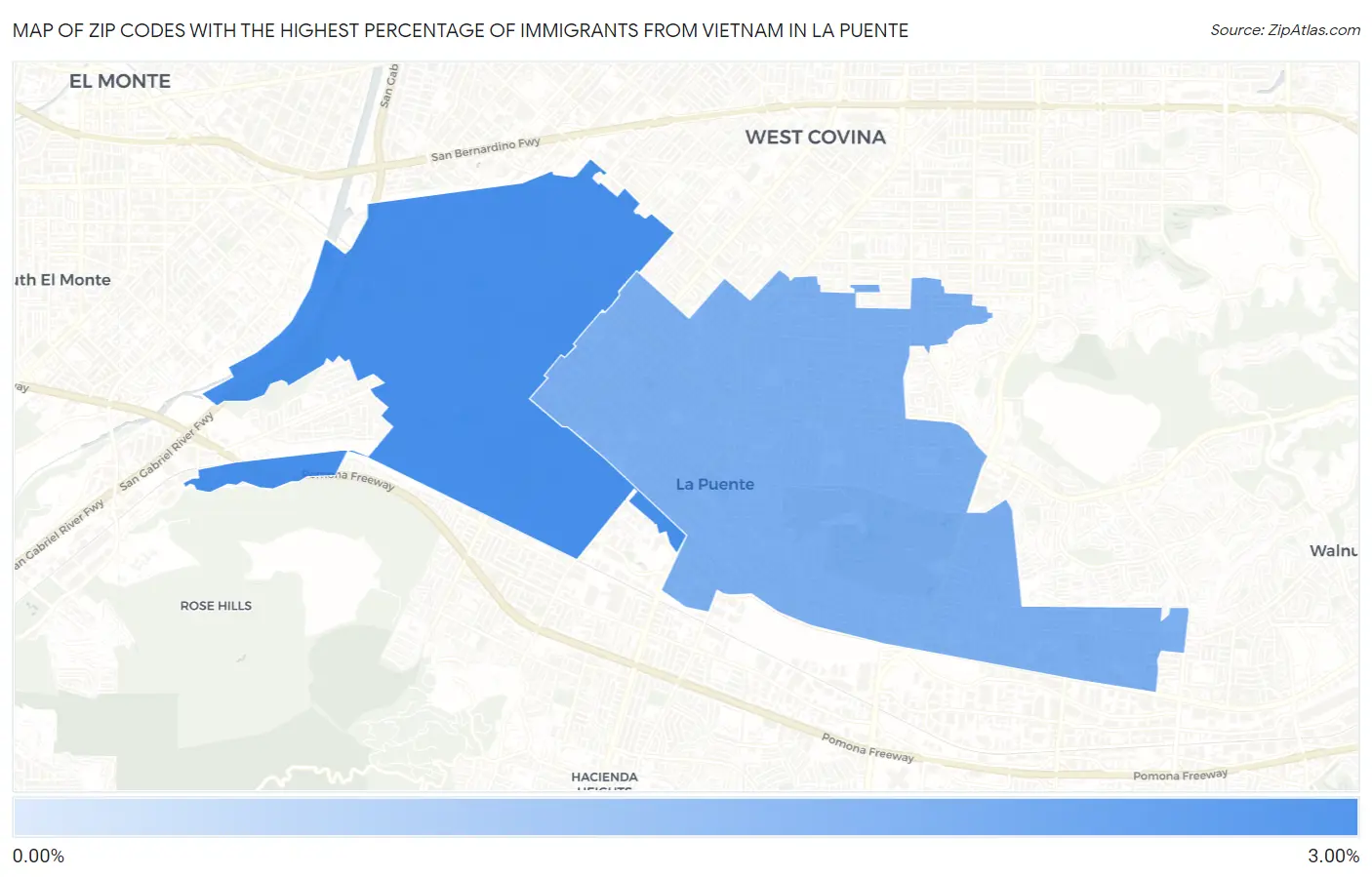 Zip Codes with the Highest Percentage of Immigrants from Vietnam in La Puente Map