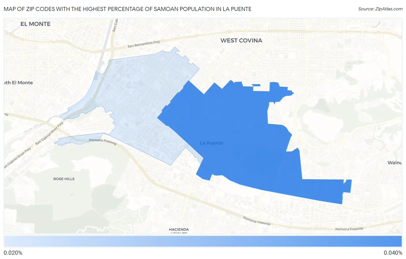 Zip Codes with the Highest Percentage of Samoan Population in La Puente Map