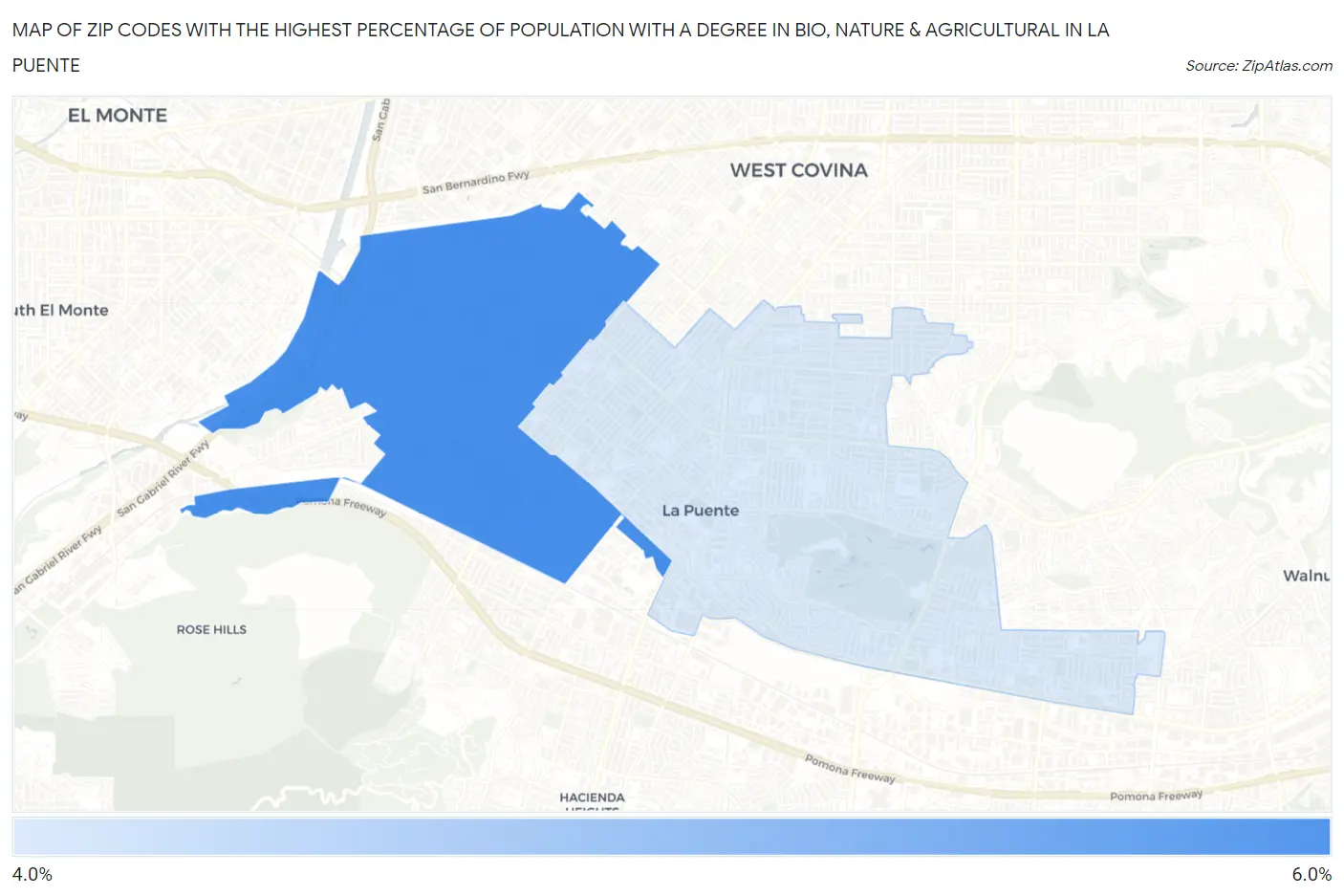 Zip Codes with the Highest Percentage of Population with a Degree in Bio, Nature & Agricultural in La Puente Map