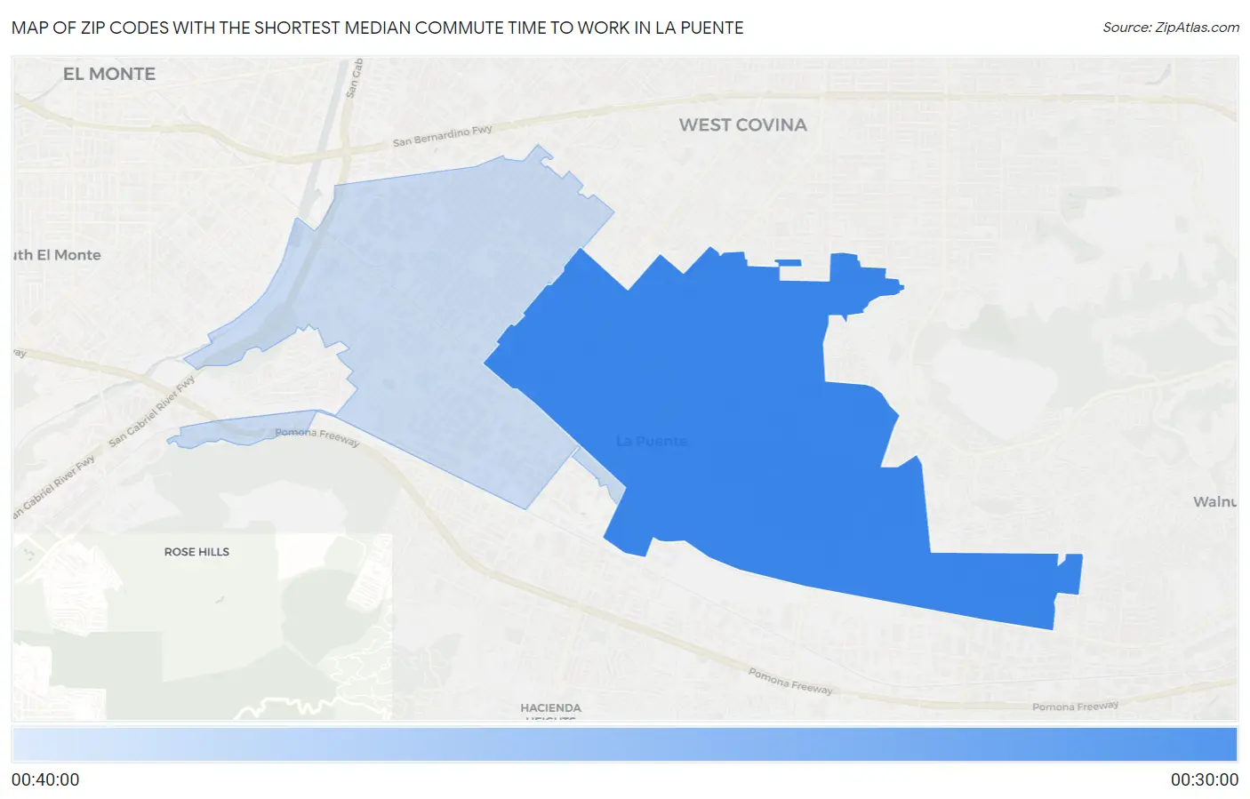 Zip Codes with the Shortest Median Commute Time to Work in La Puente Map