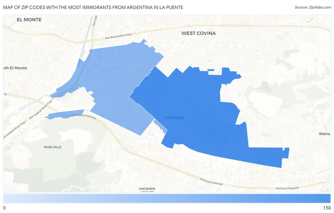 Zip Codes with the Most Immigrants from Argentina in La Puente Map