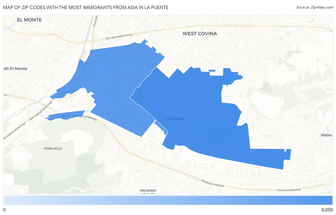 Zip Codes with the Most Immigrants from Asia in La Puente Map