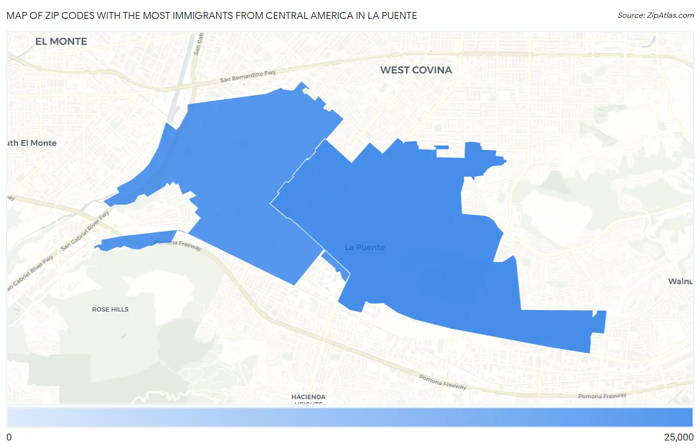 Zip Codes with the Most Immigrants from Central America in La Puente Map