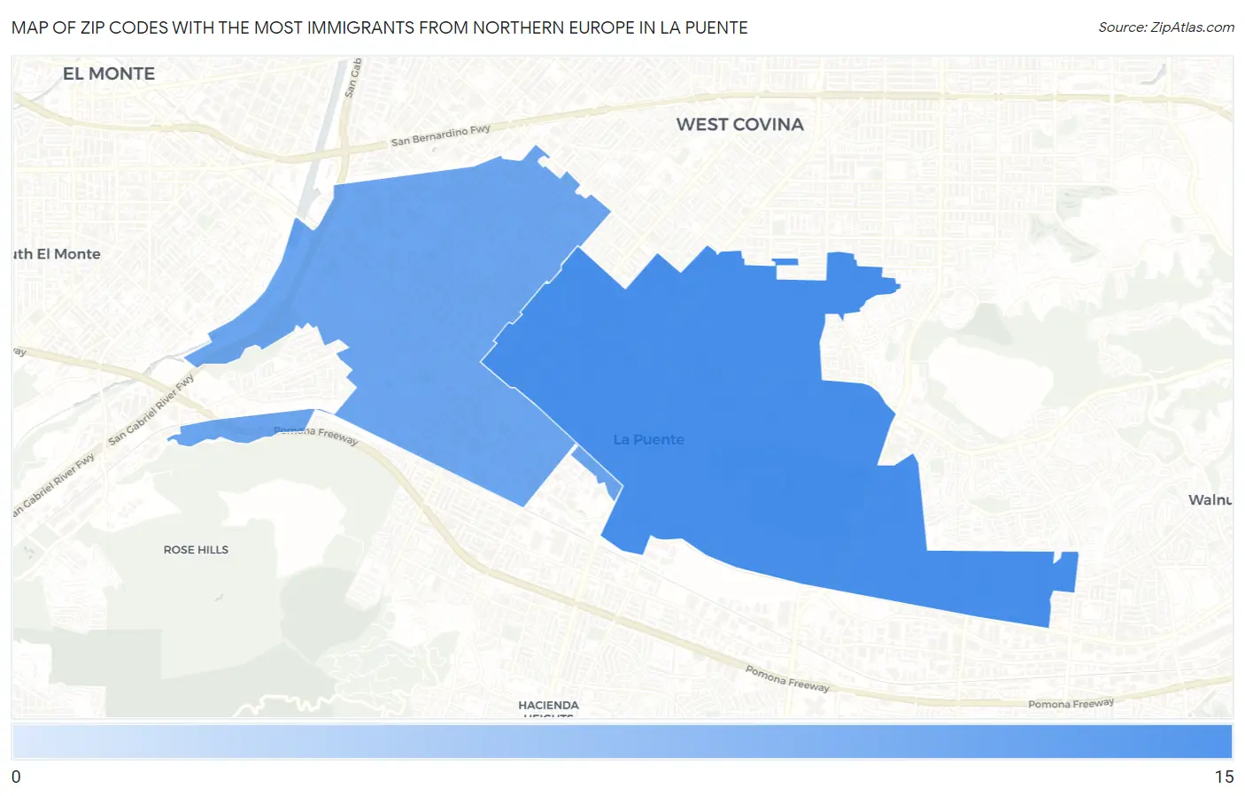Zip Codes with the Most Immigrants from Northern Europe in La Puente Map