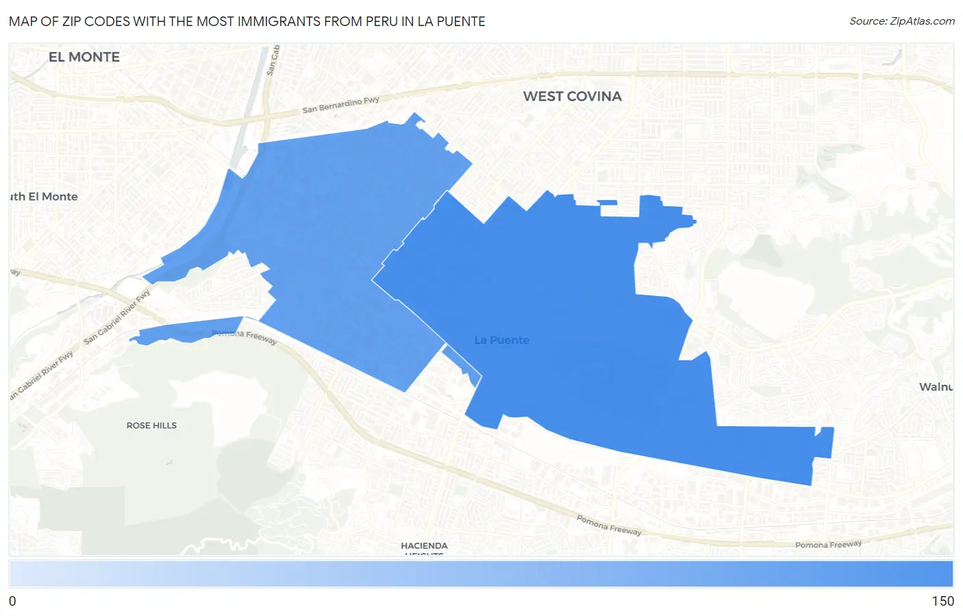 Zip Codes with the Most Immigrants from Peru in La Puente Map