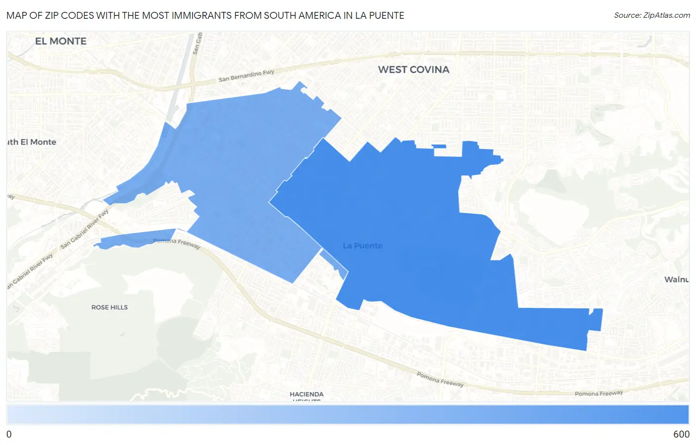 Zip Codes with the Most Immigrants from South America in La Puente Map