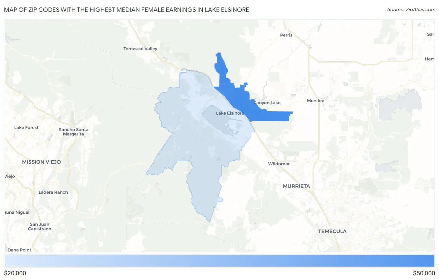 Zip Codes with the Highest Median Female Earnings in Lake Elsinore Map