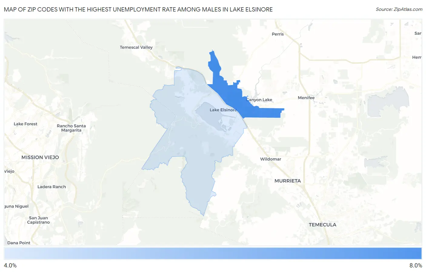 Zip Codes with the Highest Unemployment Rate Among Males in Lake Elsinore Map