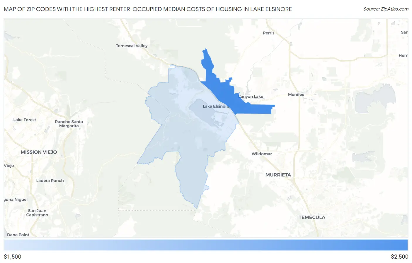Zip Codes with the Highest Renter-Occupied Median Costs of Housing in Lake Elsinore Map