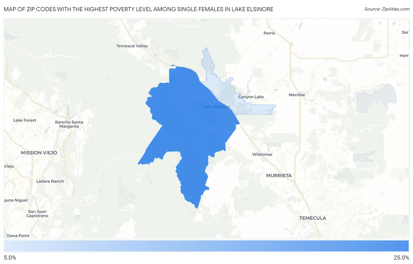 Zip Codes with the Highest Poverty Level Among Single Females in Lake Elsinore Map