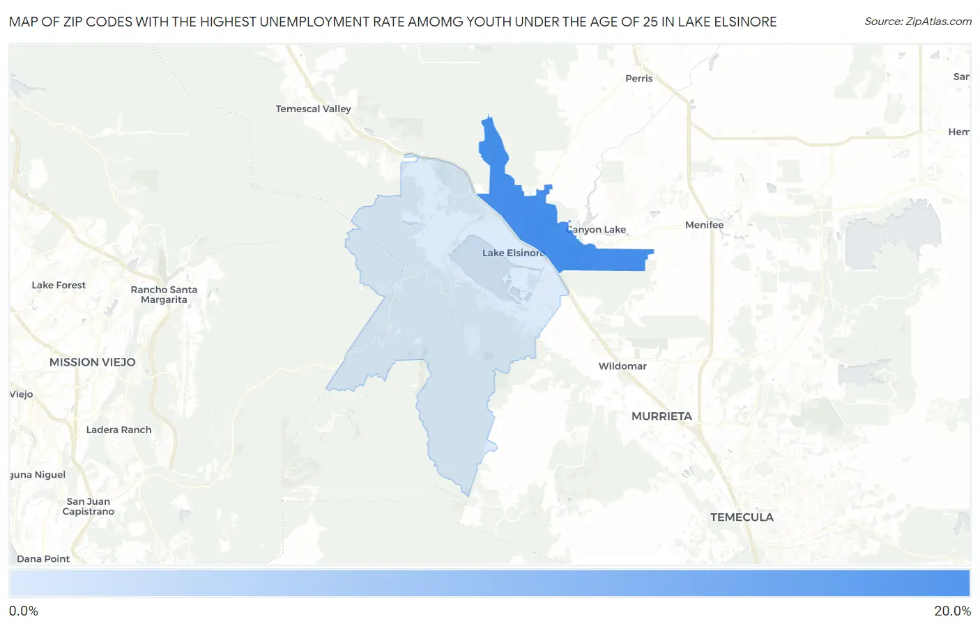 Zip Codes with the Highest Unemployment Rate Amomg Youth Under the Age of 25 in Lake Elsinore Map