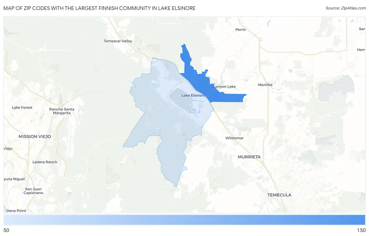 Zip Codes with the Largest Finnish Community in Lake Elsinore Map