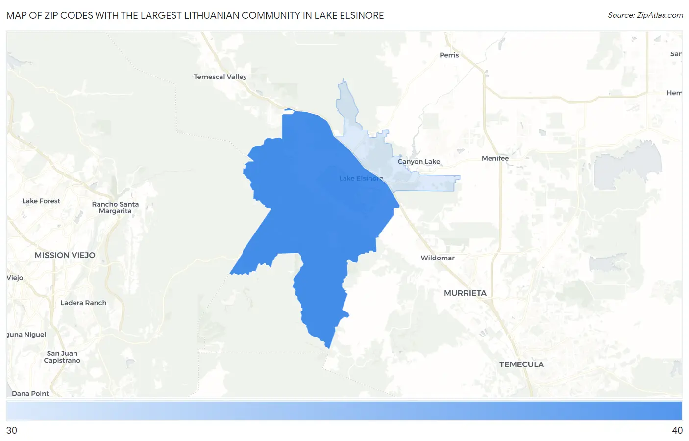 Zip Codes with the Largest Lithuanian Community in Lake Elsinore Map