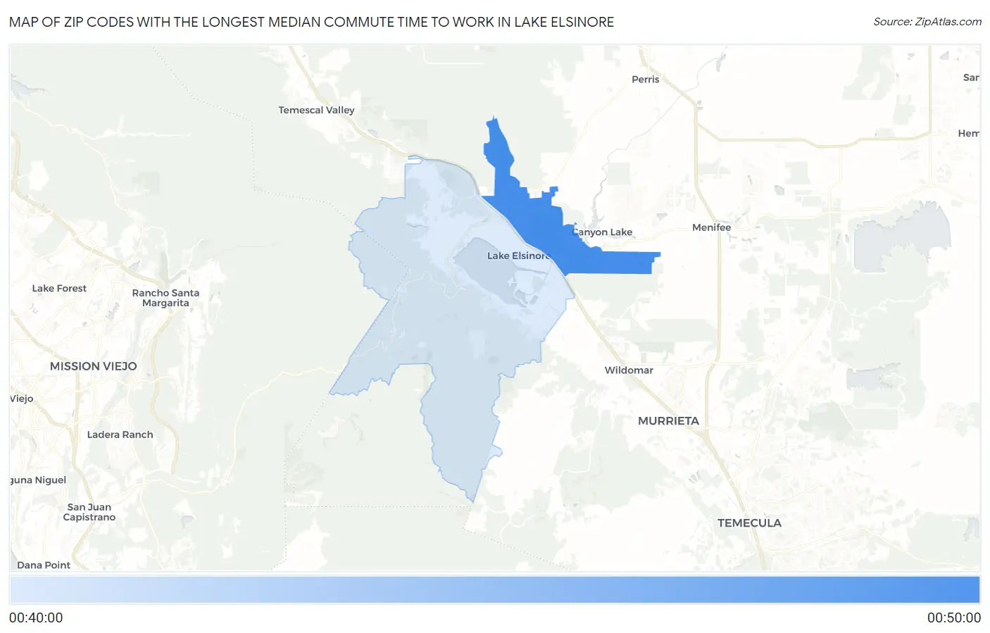 Zip Codes with the Longest Median Commute Time to Work in Lake Elsinore Map