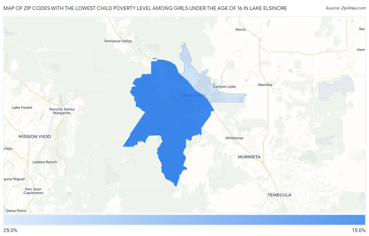 Zip Codes with the Lowest Child Poverty Level Among Girls Under the Age of 16 in Lake Elsinore Map