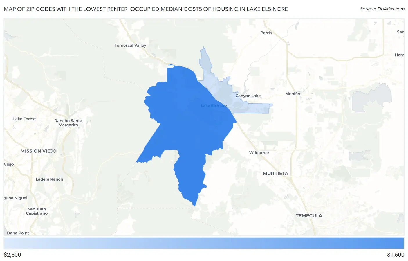 Zip Codes with the Lowest Renter-Occupied Median Costs of Housing in Lake Elsinore Map