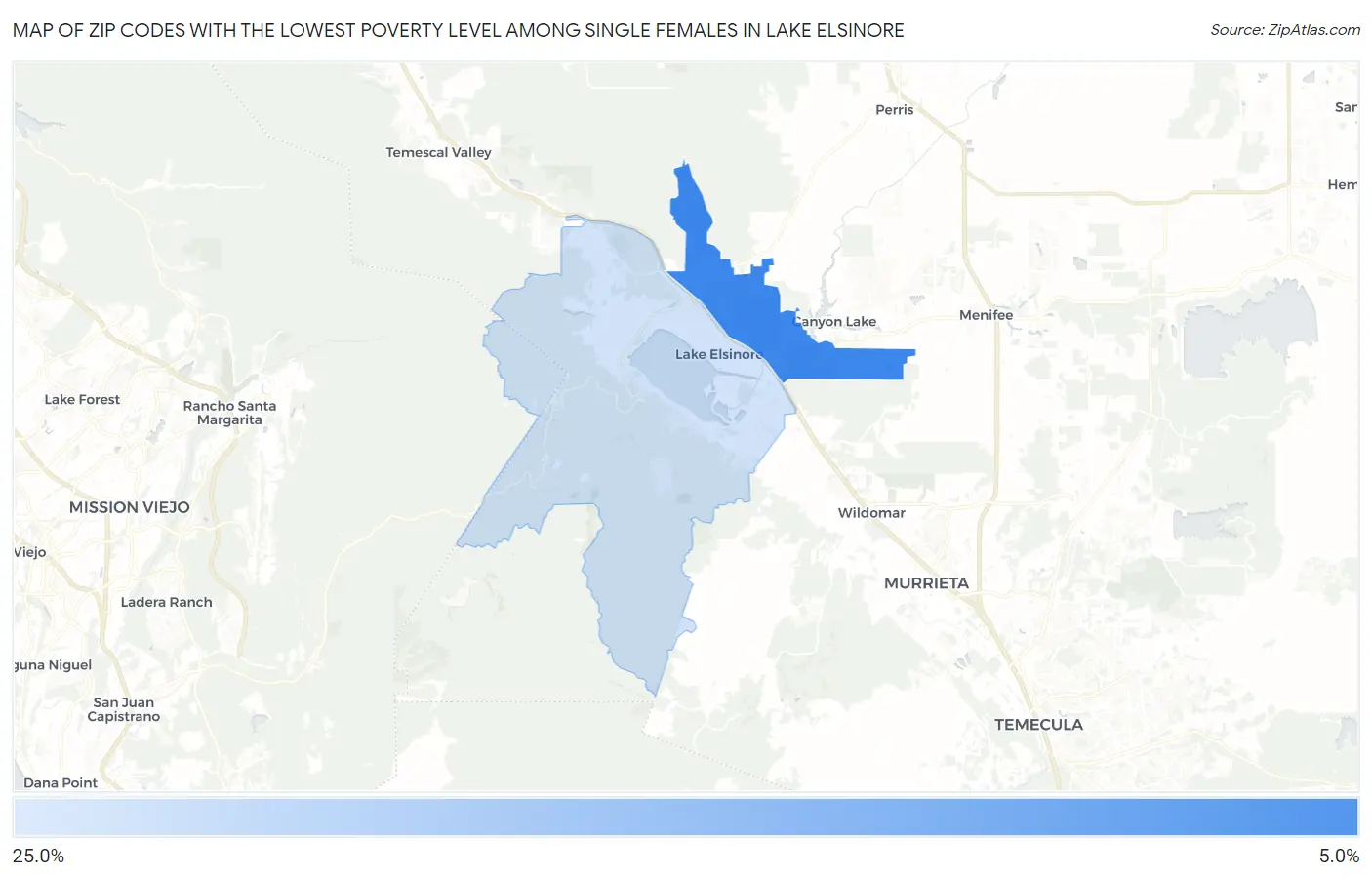 Zip Codes with the Lowest Poverty Level Among Single Females in Lake Elsinore Map