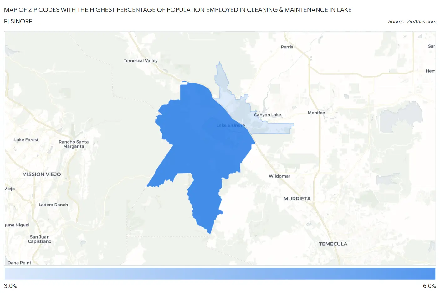 Zip Codes with the Highest Percentage of Population Employed in Cleaning & Maintenance in Lake Elsinore Map