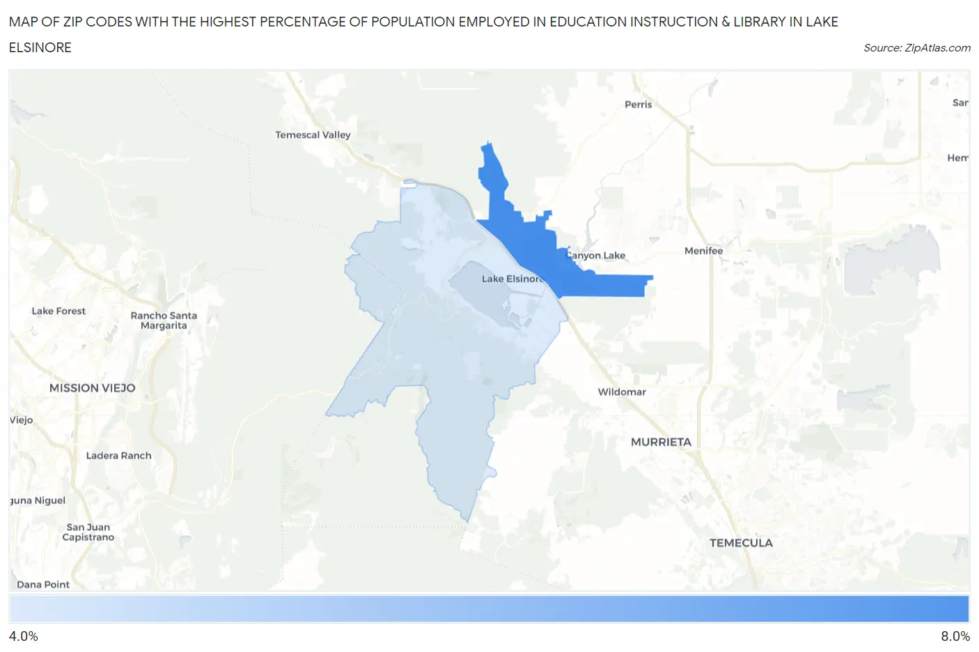 Zip Codes with the Highest Percentage of Population Employed in Education Instruction & Library in Lake Elsinore Map
