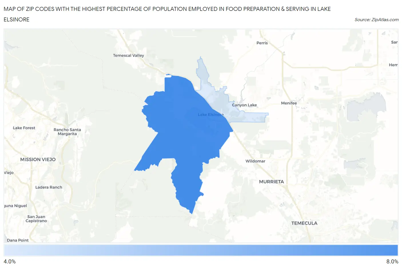 Zip Codes with the Highest Percentage of Population Employed in Food Preparation & Serving in Lake Elsinore Map