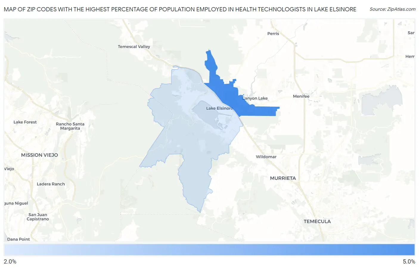 Zip Codes with the Highest Percentage of Population Employed in Health Technologists in Lake Elsinore Map