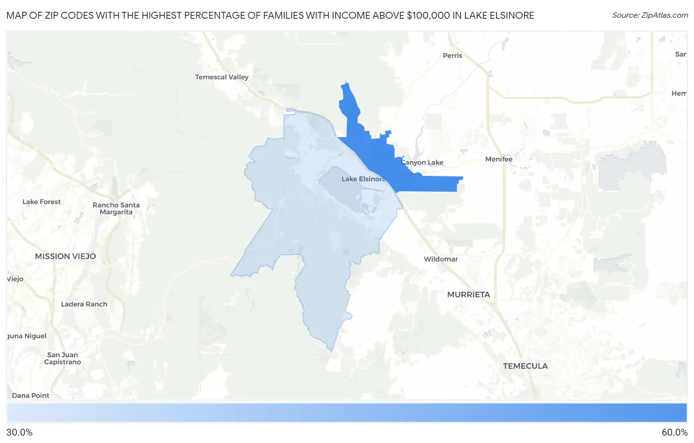 Zip Codes with the Highest Percentage of Families with Income Above $100,000 in Lake Elsinore Map