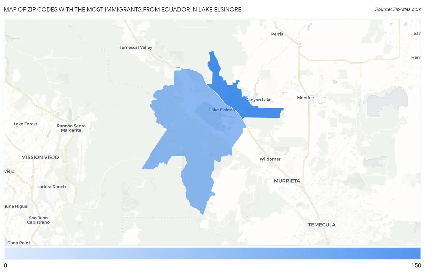 Zip Codes with the Most Immigrants from Ecuador in Lake Elsinore Map