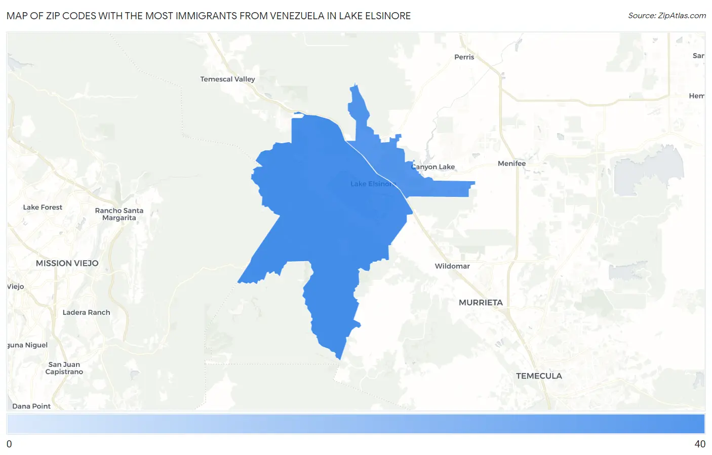 Zip Codes with the Most Immigrants from Venezuela in Lake Elsinore Map