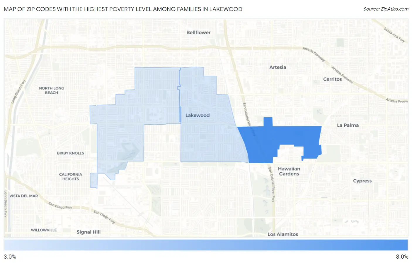 Zip Codes with the Highest Poverty Level Among Families in Lakewood Map