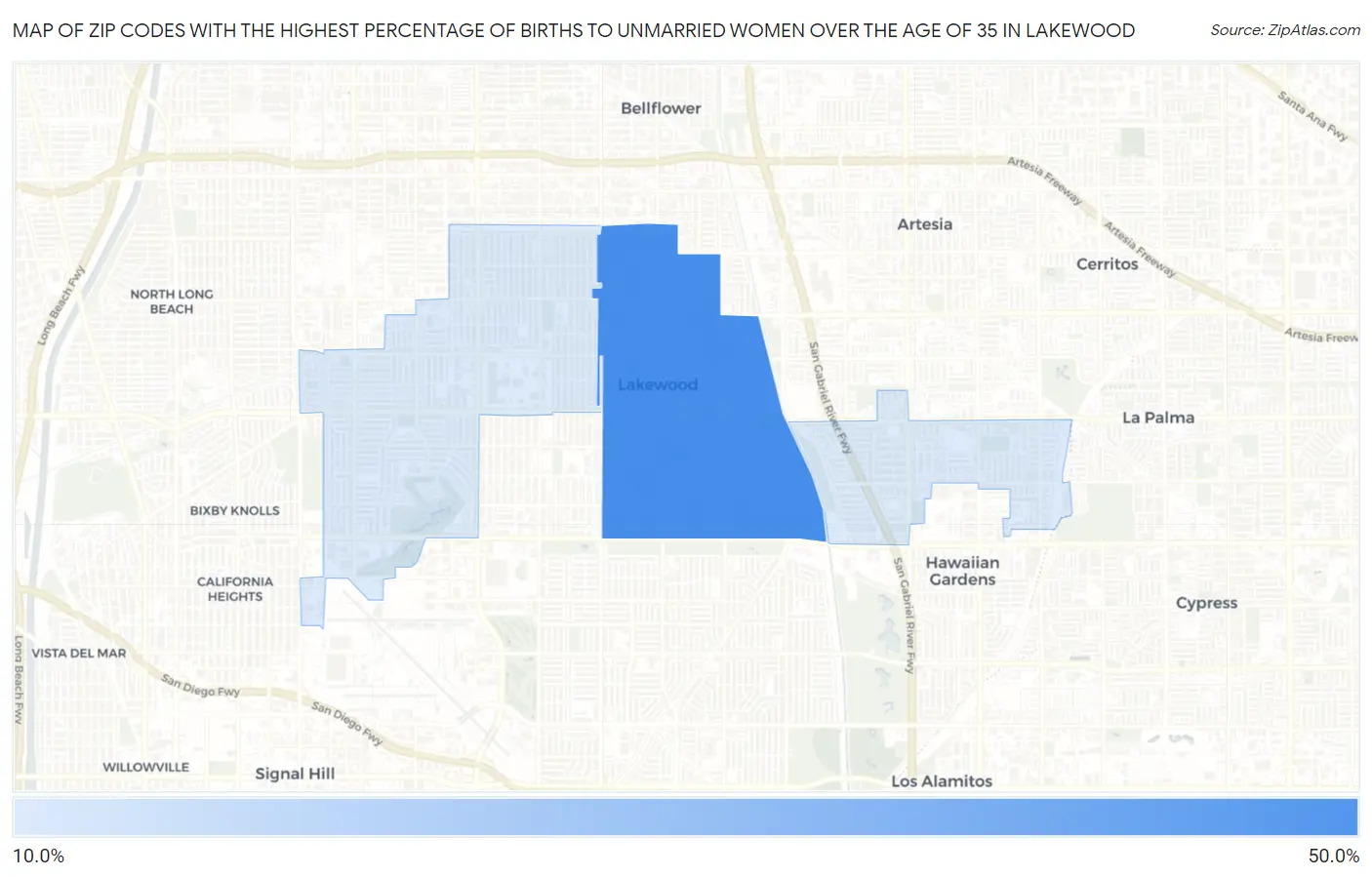 Zip Codes with the Highest Percentage of Births to Unmarried Women over the Age of 35 in Lakewood Map