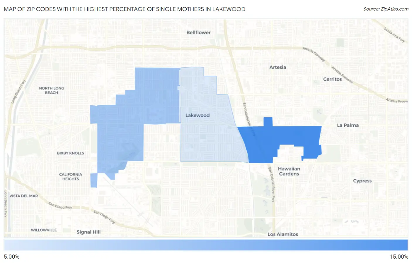 Zip Codes with the Highest Percentage of Single Mothers in Lakewood Map