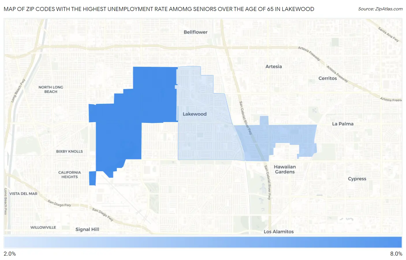 Zip Codes with the Highest Unemployment Rate Amomg Seniors Over the Age of 65 in Lakewood Map