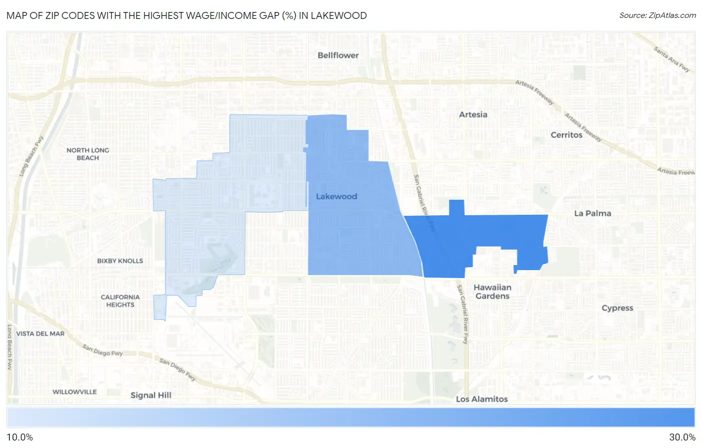 Zip Codes with the Highest Wage/Income Gap (%) in Lakewood Map