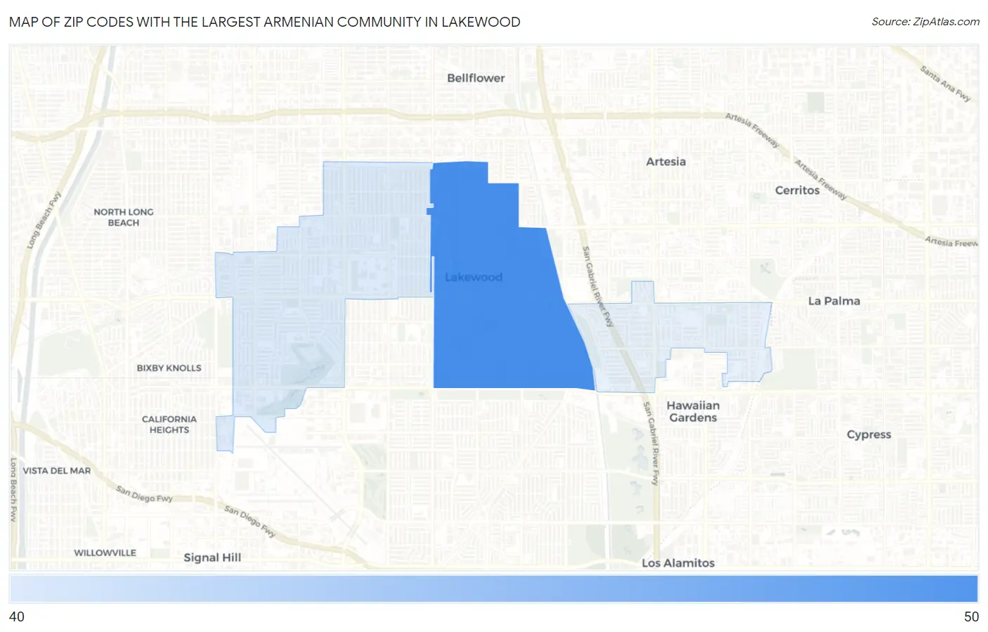Zip Codes with the Largest Armenian Community in Lakewood Map
